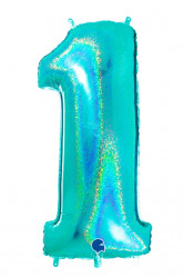 Nafukovací balónek číslo 1 tyrkys holografický 102 cm