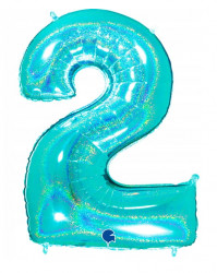 Nafukovací balónek číslo 2 tyrkys holografický 102 cm
