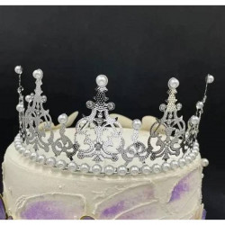 Nejedlá dekorace kovová Koruna stříbrná s bílými perlami